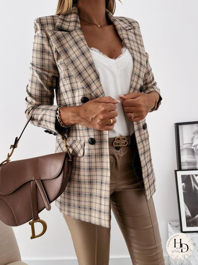 Blazers Lapel Check Pocket Button Blazer for Women