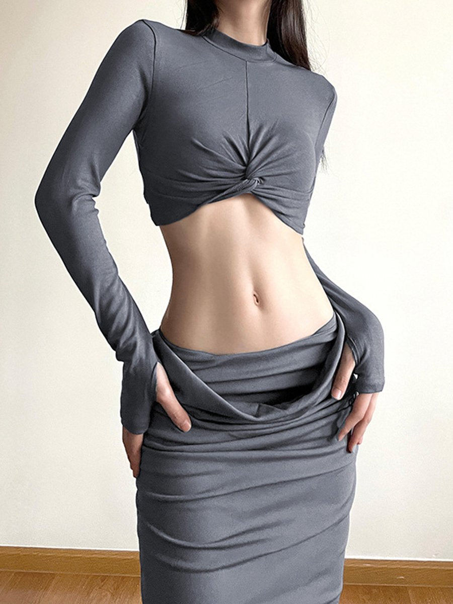 Twist Navel-baring Short Long Sleeve T-Shirts