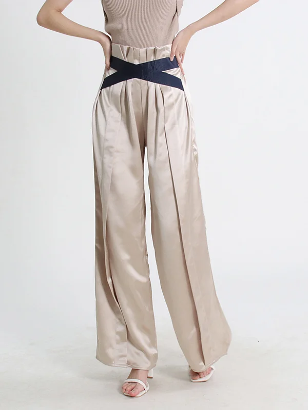 High Waisted Wide Leg Elastics Pleated Casual Pants Bottoms Trousers