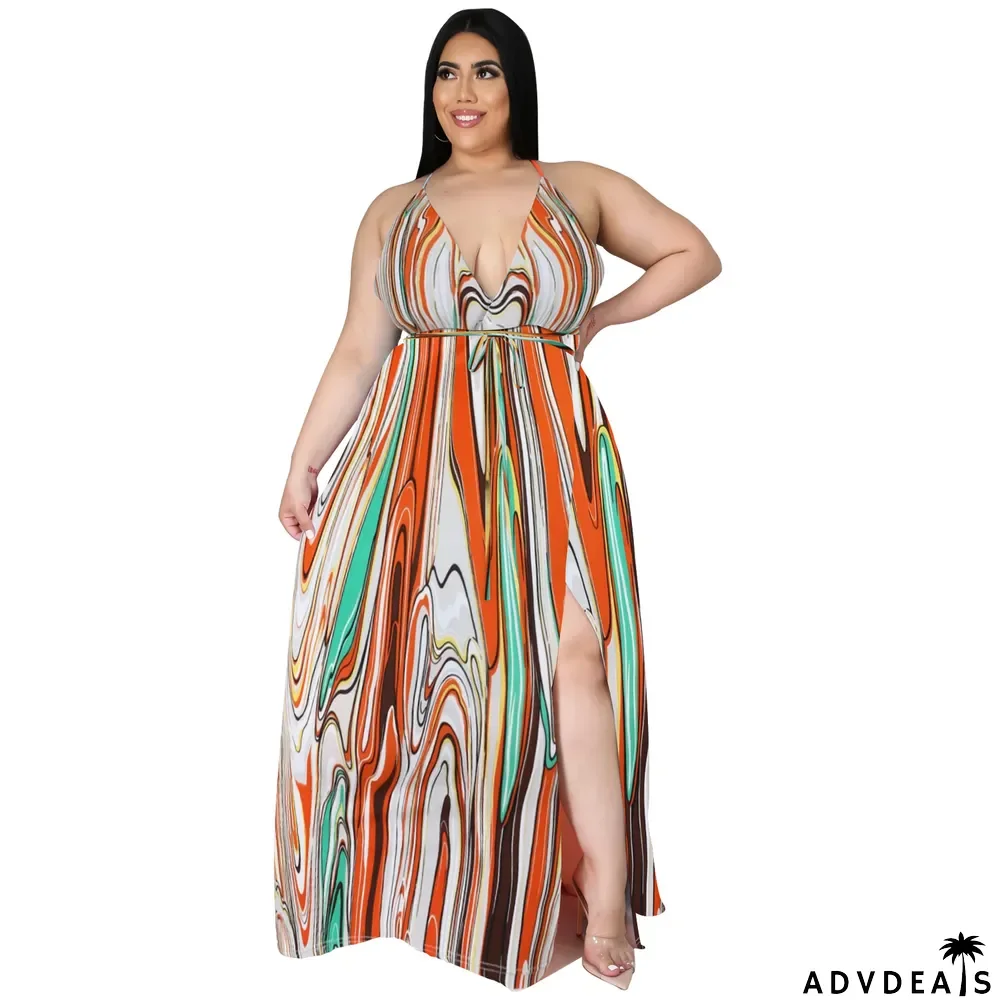 Women's Bohemian Floral Dress Low Back Slit Deep v Plus Size Maxi Dress