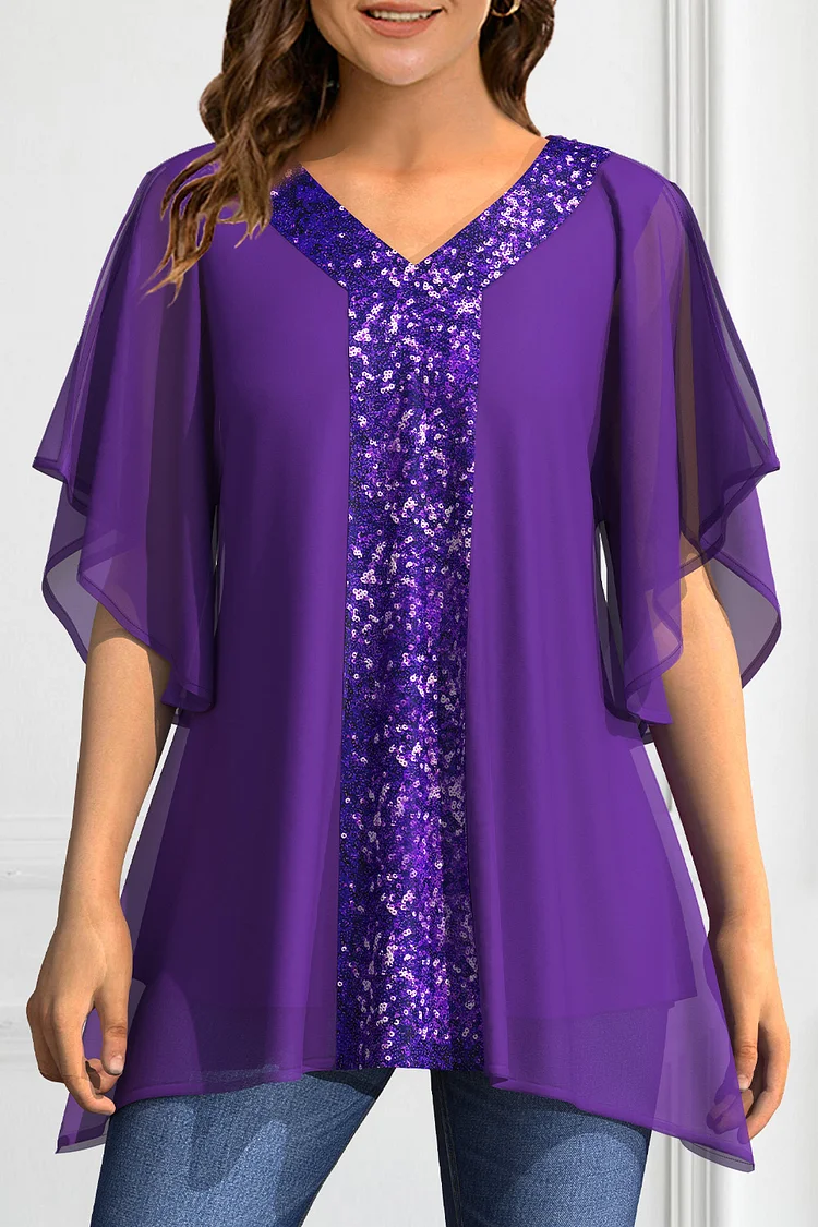Flycurvy Plus Size Dressy Purple Chiffon Sequin Stitching Double Layer Flutter Sleeve Blouse  Flycurvy [product_label]