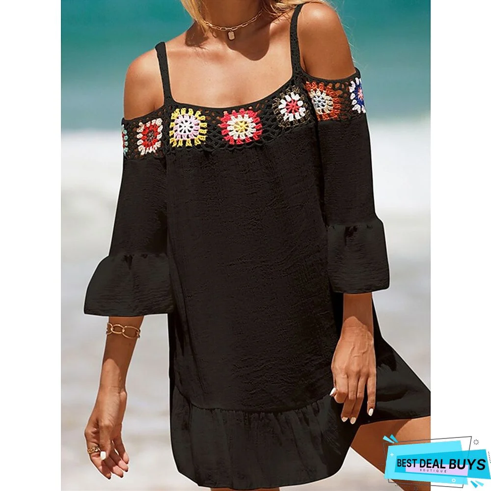 Women's Cover Up Beach Dress Beach Wear Mini Dress Ruffle Backless Ethnic Casual Floral Spaghetti Strap 3/4 Length Sleeve Loose Fit Outdoor Daily Black White 2023 Spring Summer One Size