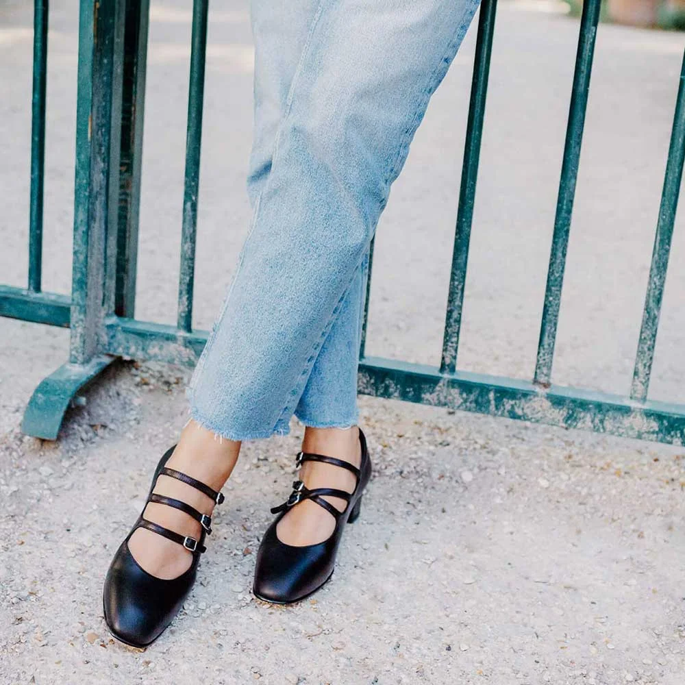 Black Vegan Leather Square Toe Low Heel Women Mary Jane Shoes