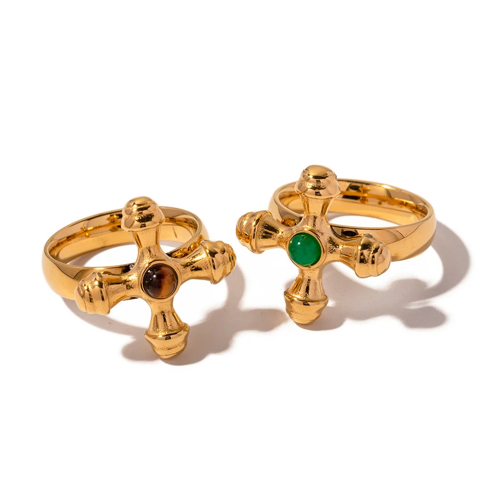 Gold-plated Stainless Steel Inlaid Stone Cross Ring