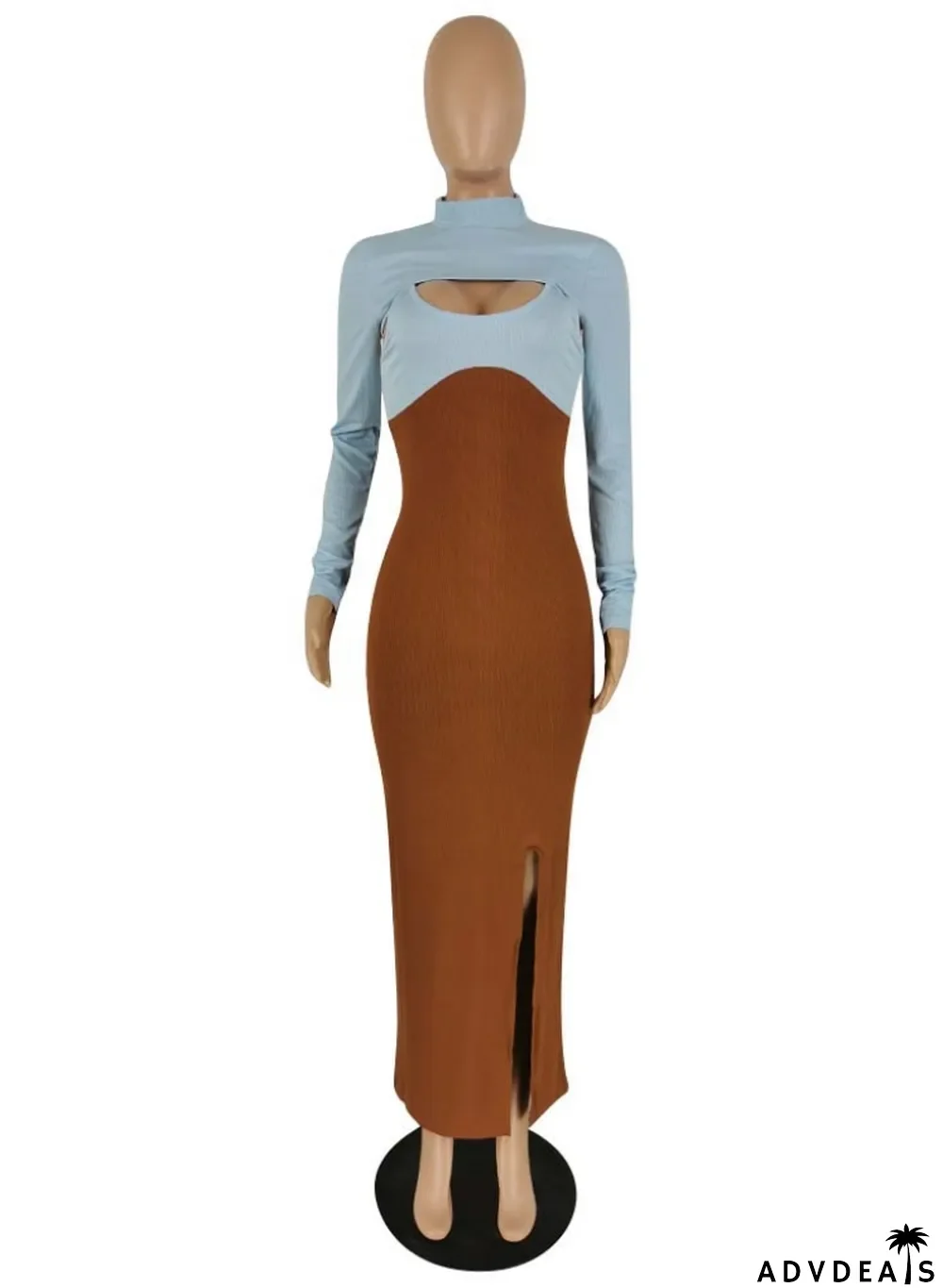 Fall Sexy Blue Contrast Brown Hollow Out High Neck Long Sleeve Slit Long Dress
