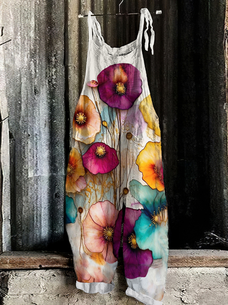 Comstylish Vintage Gorgeous Flowers Graphic Casual Loose Jumpsuit