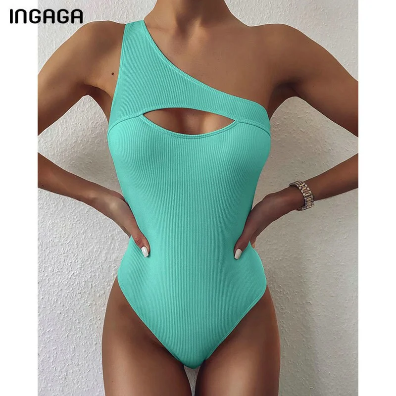 INGAGA Sexy One Shoulder One Piece Swimsuit Cut Out Swimwear Women 2022 Ribbed Bodysuit Solid Beachwear High Cut Bathing Suits
