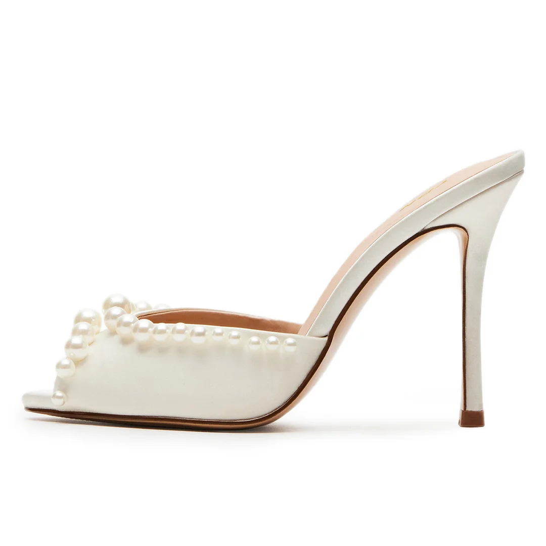 Satin Pearl Embellished Band Ivory Bridal Mules with Stiletto Heel