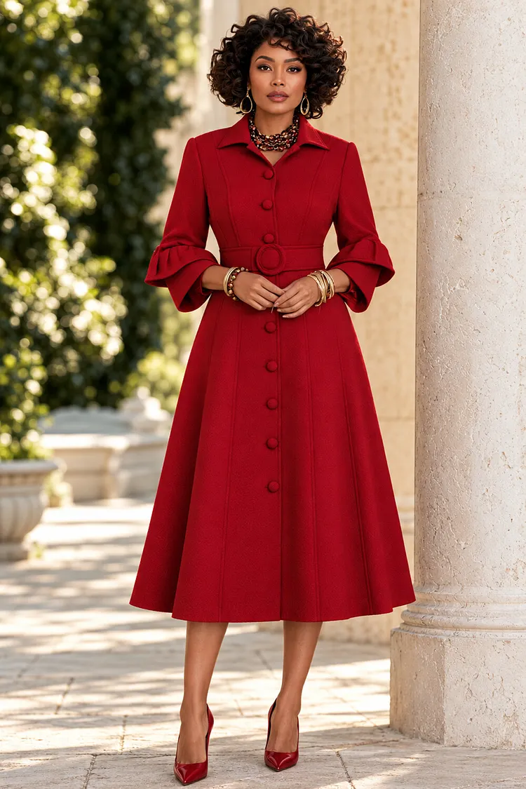 Xpluswear Design Plus Size Churchs Red Shirt Collar Flare 3/4 Sleeve Pocket Ruffle Midi Dresses [Pre-Order] 2024 - Xpluswear