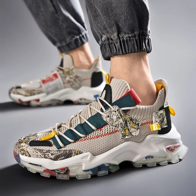 Classic Men Mesh Running Shoes Breathable Sneakers Graffiti Chunky Jogging Shoes Trendy Antiskid Damping Sports Shoes Zapatillas
