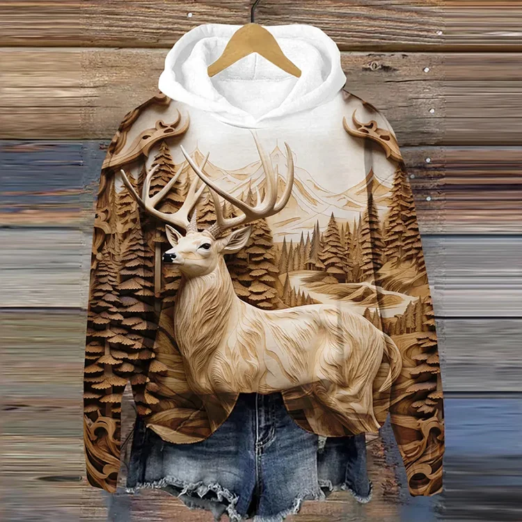 Wearshes Vintage Outdoor Deer Hunting Printed Hooded Sweatshirt