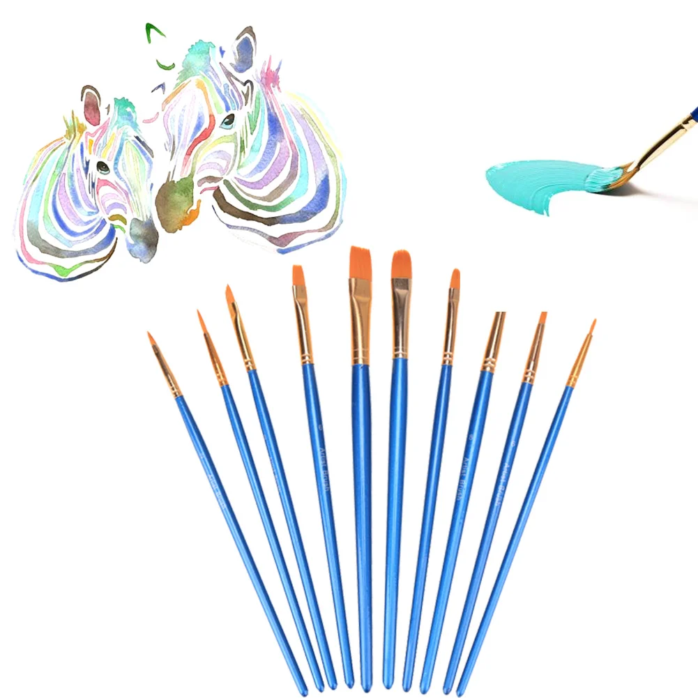 10pcs Blue Watercolor Gouache Paint Brushes Nylon Hair Painting Brush Set