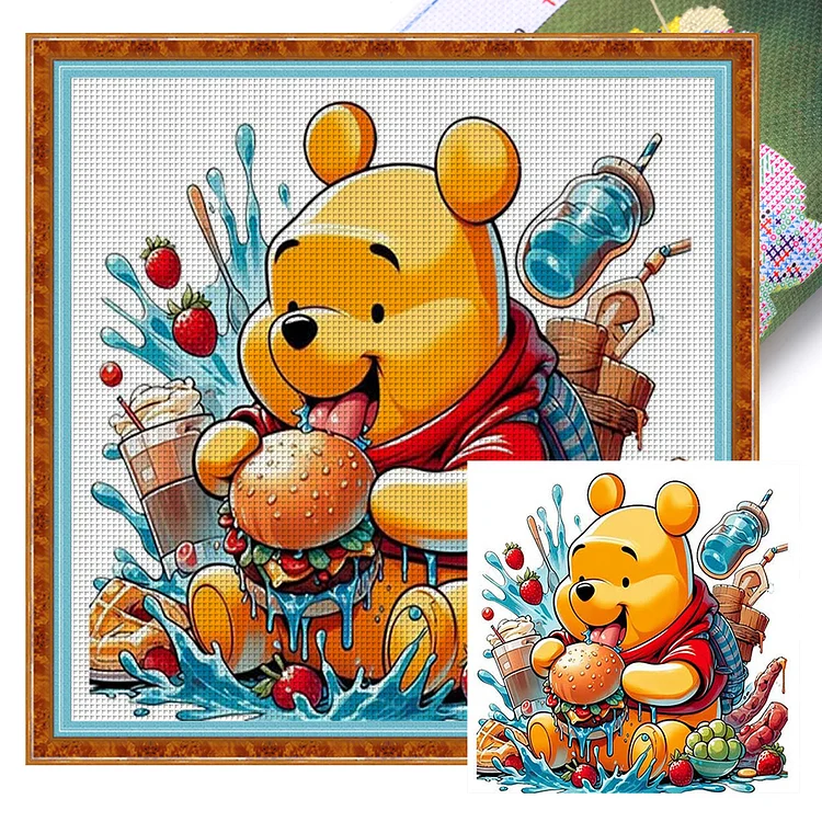 『YiShu』Pooh Bear Eating Burger - 11CT Stamped Cross Stitch(50*50cm)