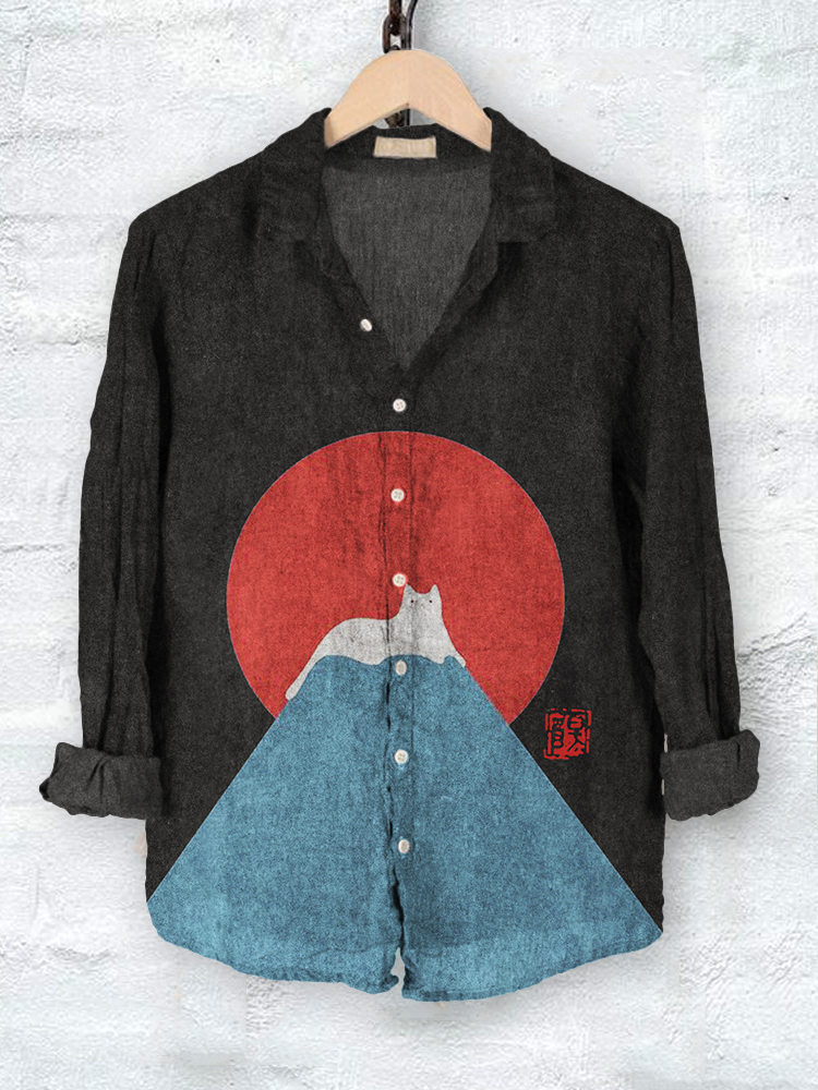 Comstylish White Cat Snow on Mount Fuji Linen Blend Blouse