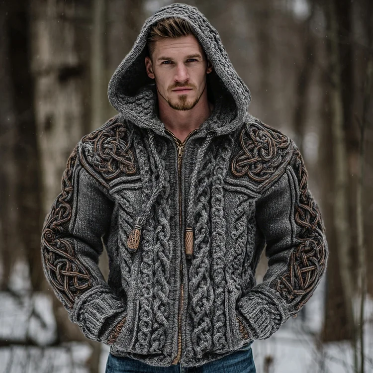 Men's Vintage Viking Celtic Knot Art Chunky Knit Hooded Zip-up Sweater