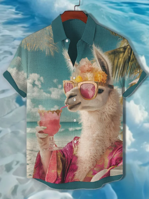 Men's Vacation Alpaca Drinking Cocktails Art Print Casual Shirt