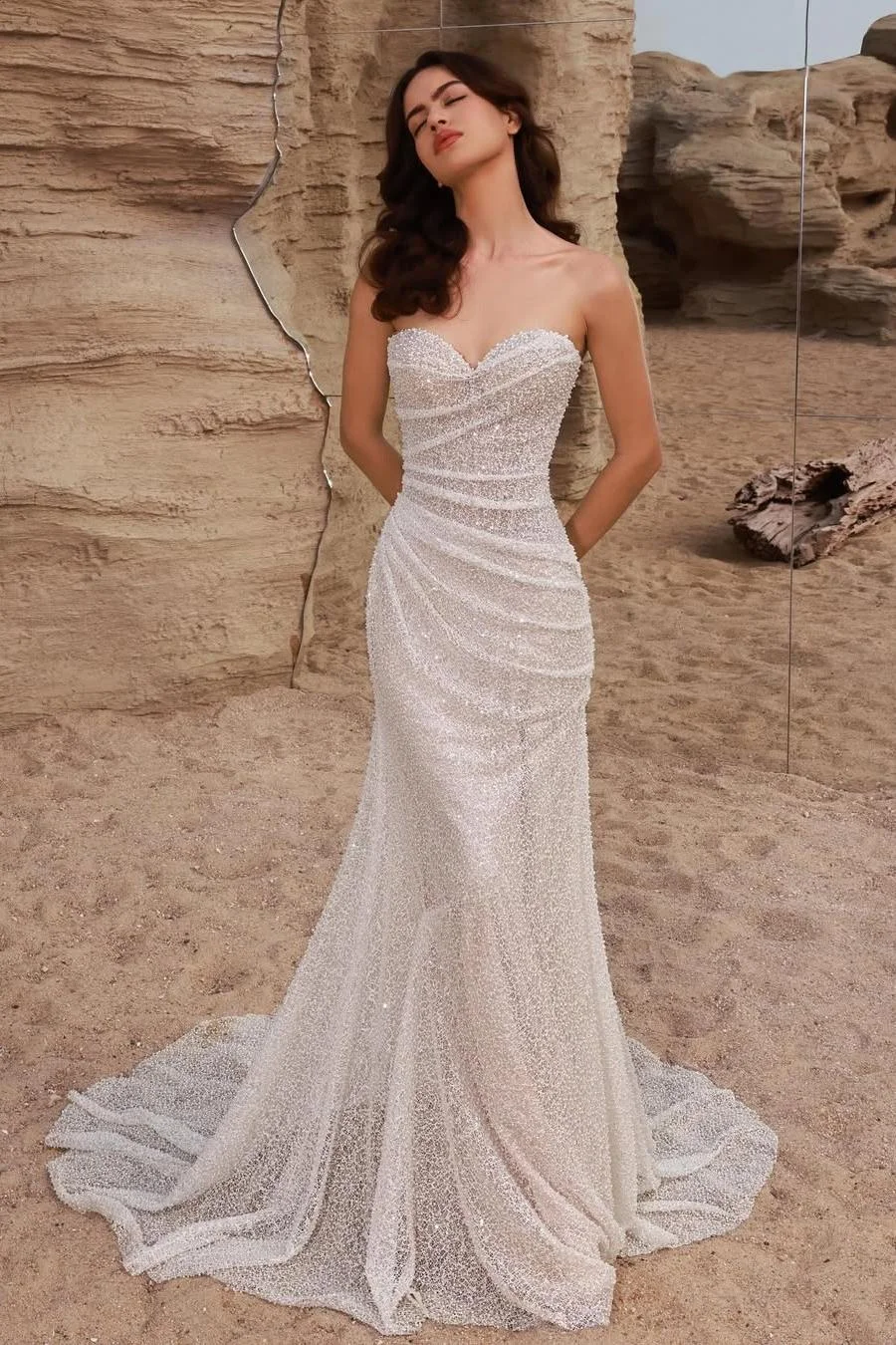 Miabel Charming White Beaded Sweetheart Sleeveless Strapless Long Prom Dress with Pleated 