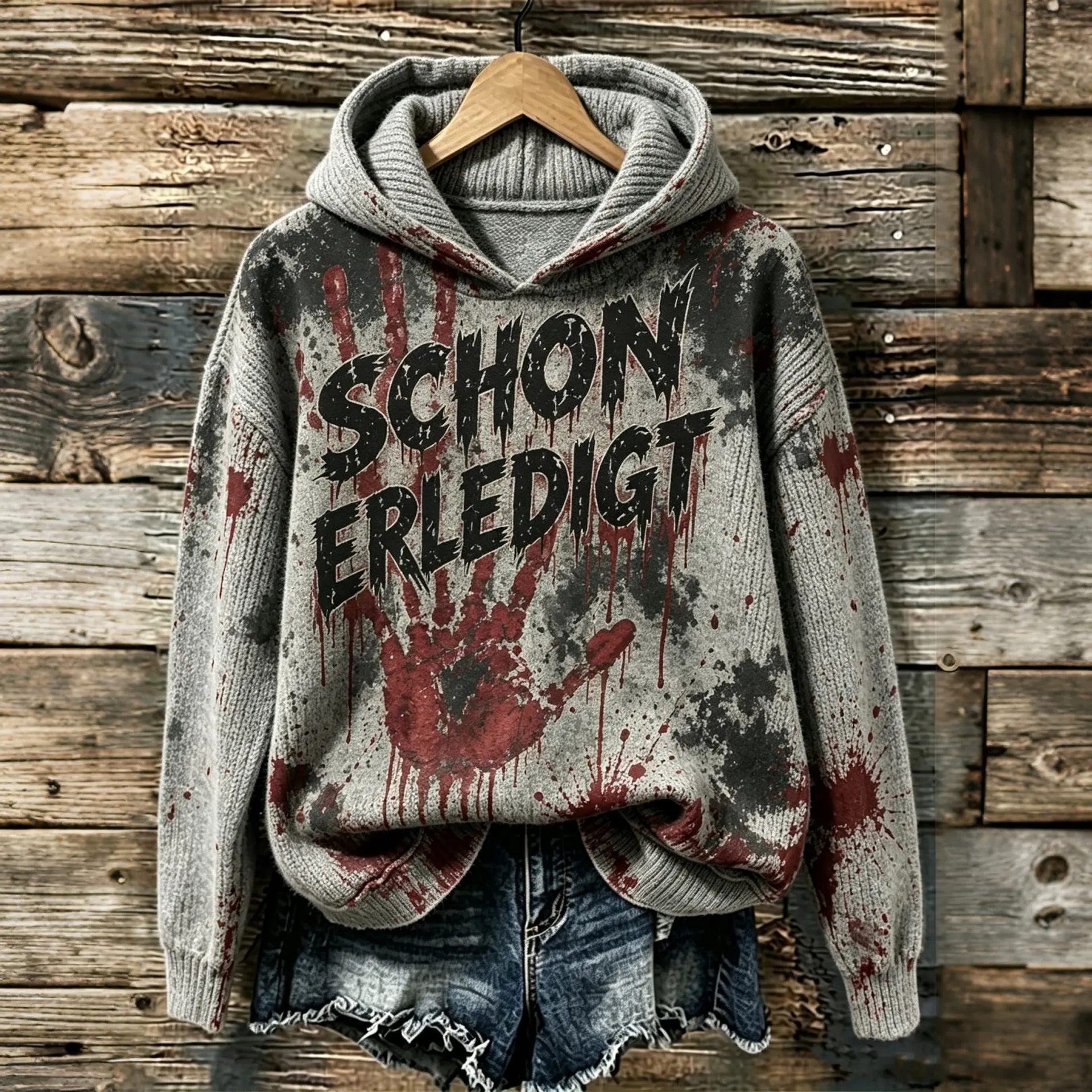 Comstylish Women's Halloween Handprint Bloodstain Schon Erledigt Printed Hooded Sweater