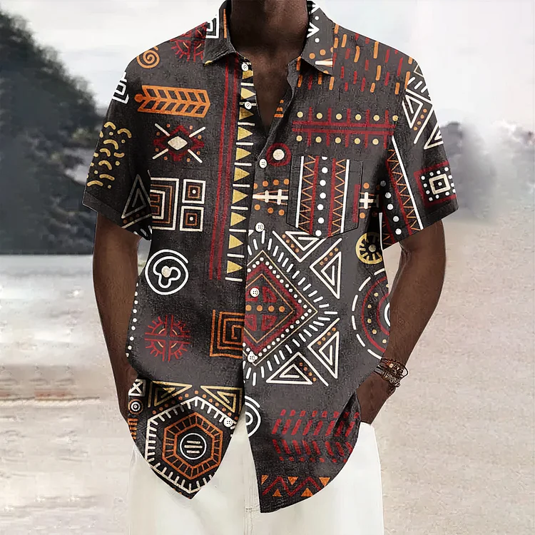 Men's Vintage African Traditional Abstract Art Linen Blend Shirt