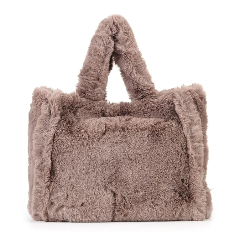Plush Shoulder Bag Fashion Autumn Winter Faux Fur Tote Soft for Work (Khaki L)