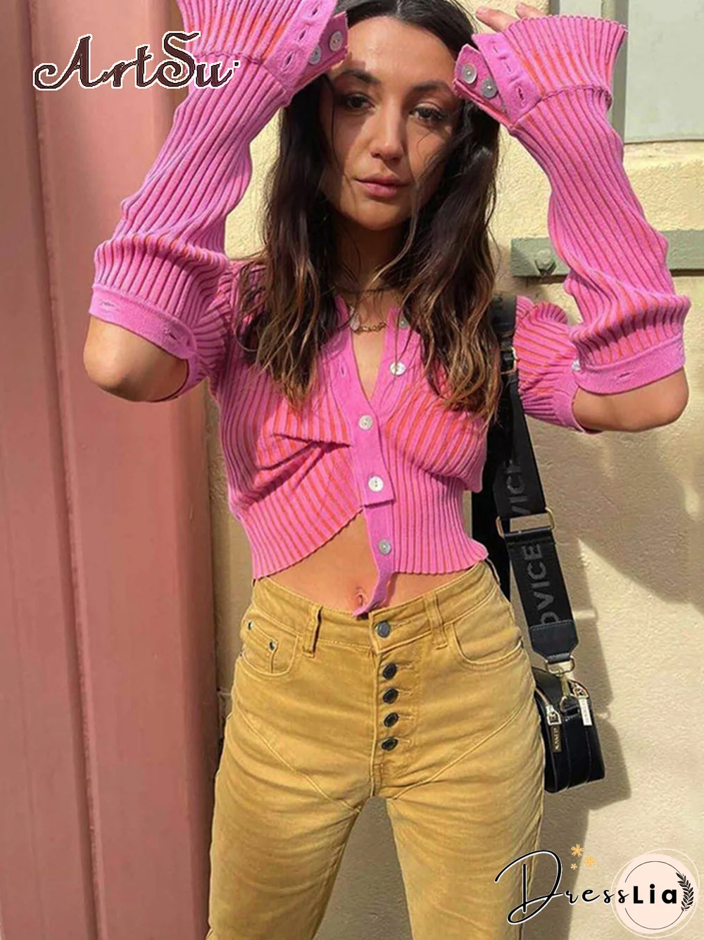 Artsu Cute Pink Kinited Cropped Top Women Y2K Ruched Crop Top Long Sleeve Camisole Top Winter Party Club Vintage