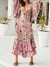 Sexy V-neck Mandarin Sleeve Floral Printed Maxi Dress