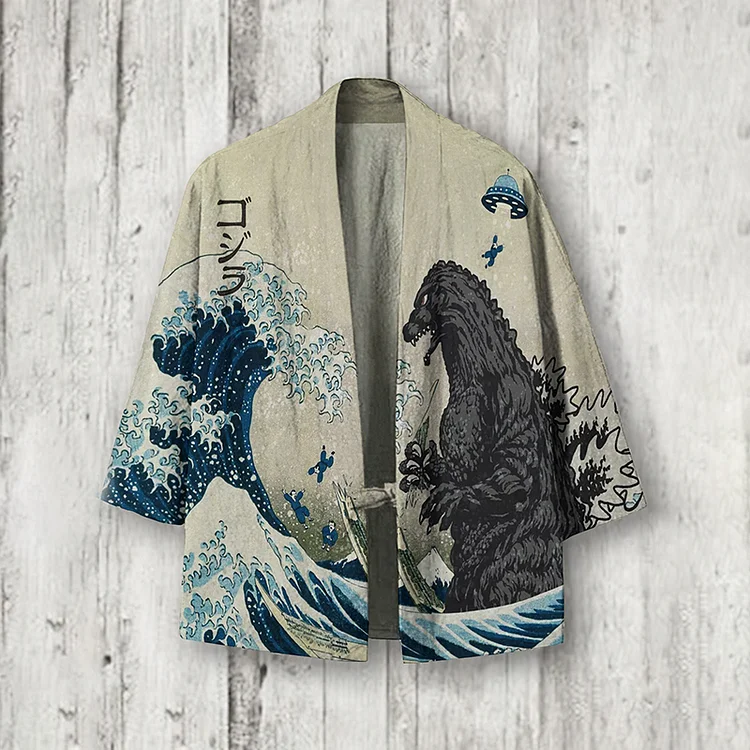 The Great Waves And Godzilla Japanese Art Linen Blend Kimono Cardigan