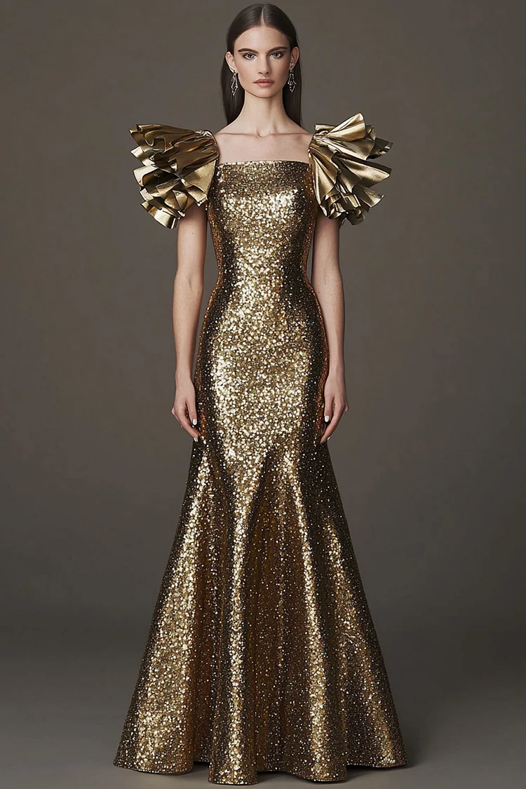 Square Neck Flutter Sleeve Sequin Maxi Dress-Gold [Custom-Made]