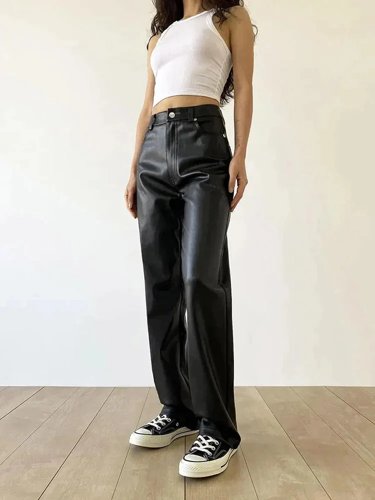Huiketi 5Xl Vintage Women Pu Pants High Waist Black Faux Leather Loose Y2K Trousers Streetwear Female 90S Pants New