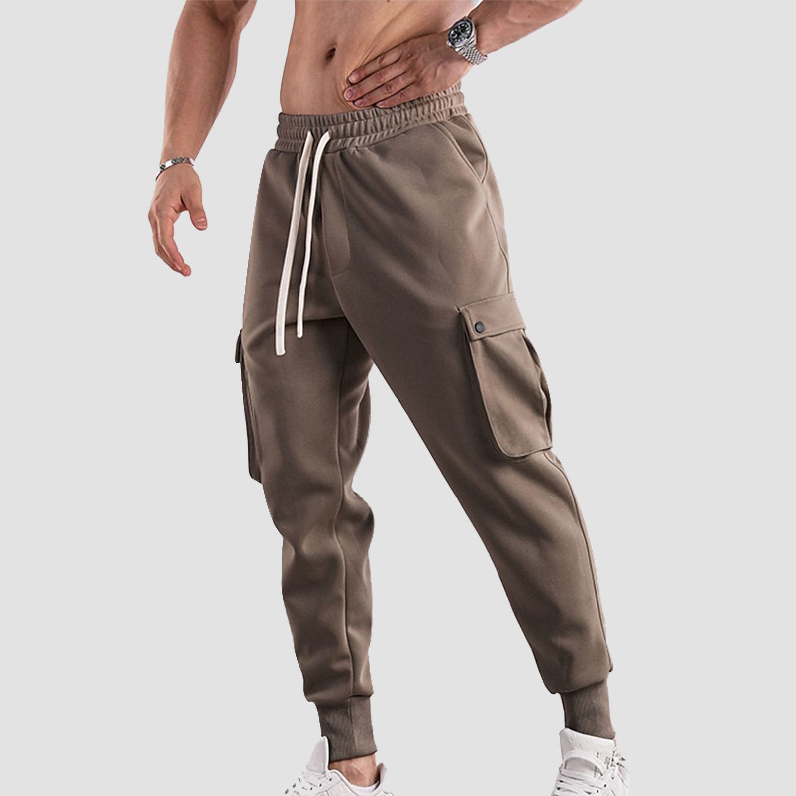 Edubridgesmart Soild Cargo Men'S Sweatpants Multi Pocket Daily Outdoor Running Training Sport Trous Male Elastic Rise Casual Pants Tether