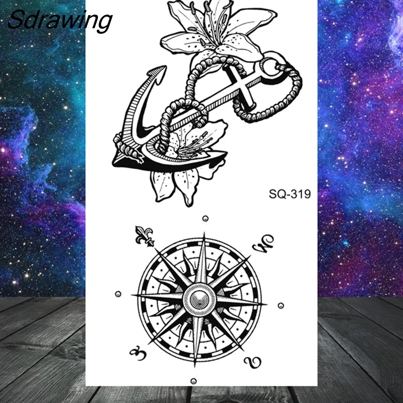 Sdrawing Butterfly Anchor Lion Wolf Temporary Tattoos For Women Men Skeleton Whale Elephant Fake Tattoo Neck Arm Hands Small Tatoo