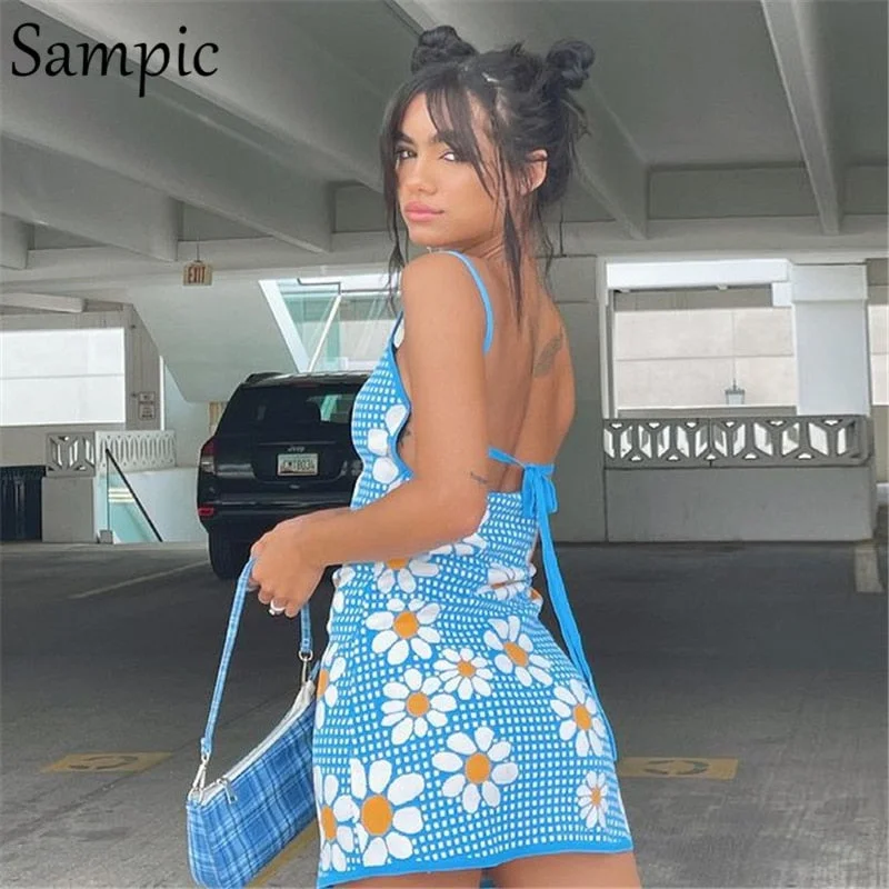 Sampic Floral Plaid Print Blue Y2K Summer Casual Strap Tank Mini Wrap Dress Knitted Sleeveless Sexy Club 90s Short Beach Dress