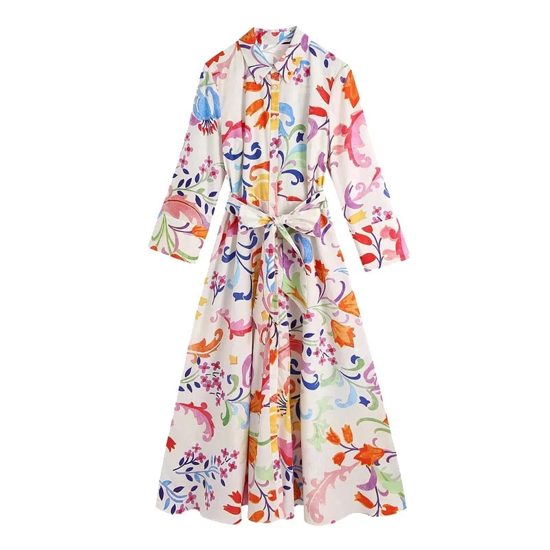 TRAF Women Chic Fashion With Belt Floral Print Midi Dress Vintage Three Quarter Sleeve Button-up Female Dresses Mujer