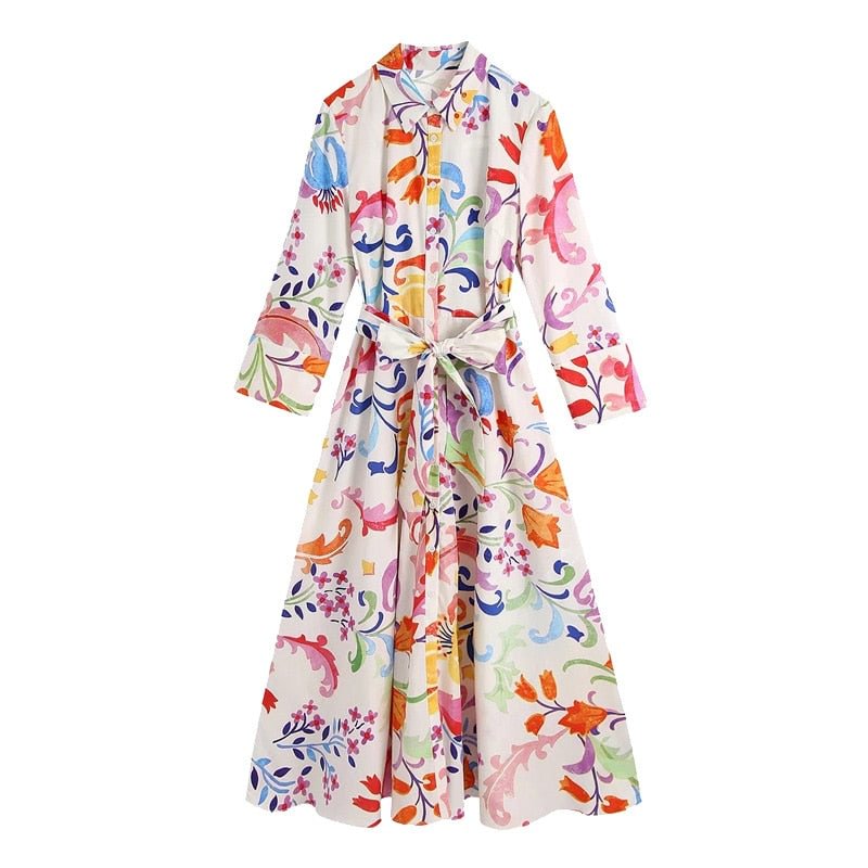 TRAF Women Chic Fashion With Belt Floral Print Midi Dress Vintage Three Quarter Sleeve Button-up Female Dresses Mujer