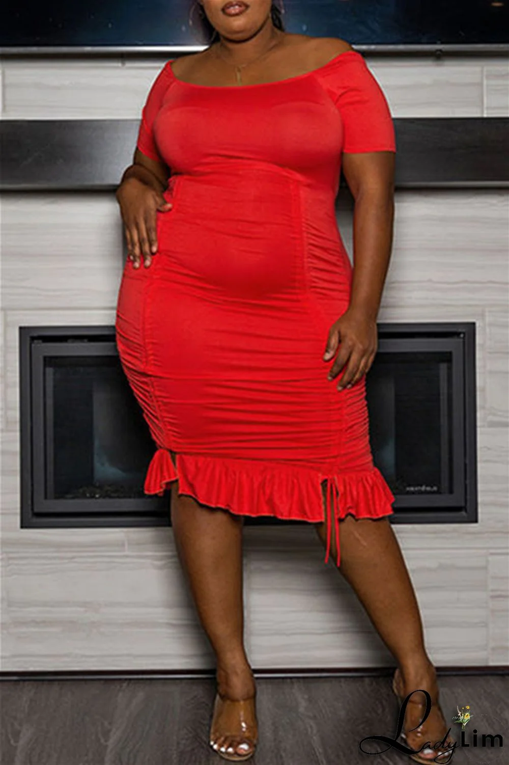 Red Fashion Casual Plus Size Solid Bandage Draw String Fold O Neck Short Sleeve Dress