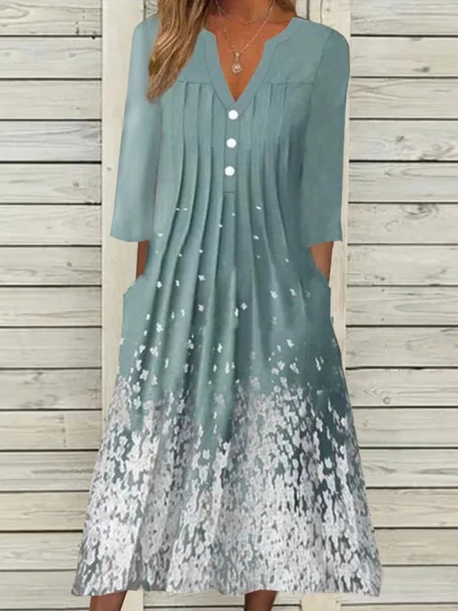Floral Printed Ombre V Neck Short Sleeve Pleated Vacation Midi Dress