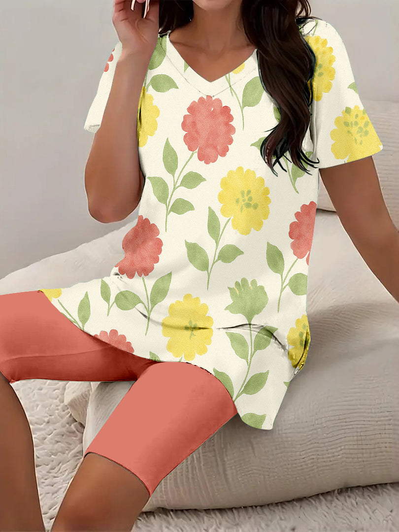 Women Long Sleeve V-neck Graphic Floral Printed Top