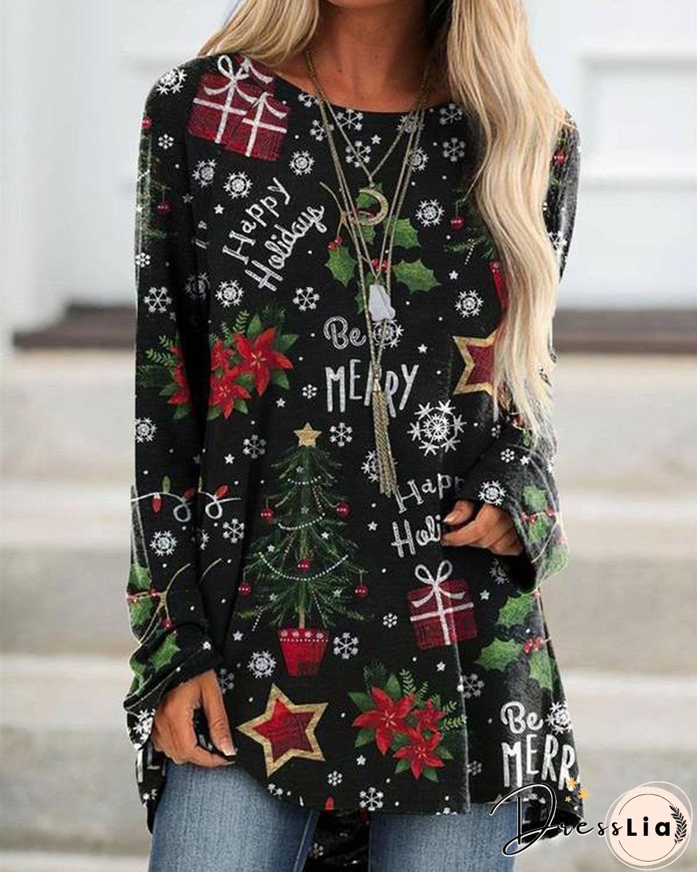 Cute Christmas Tree T-shirt Cartoon Print Crew Neck Top