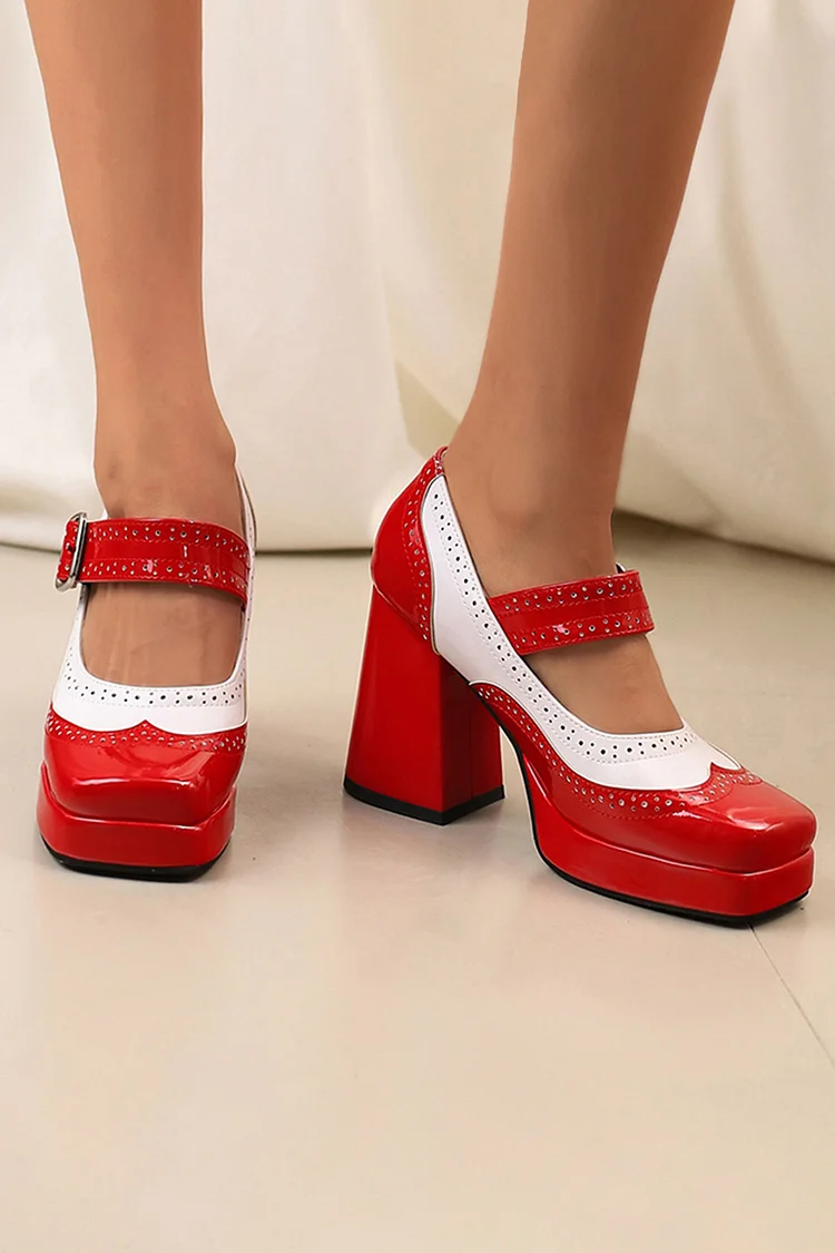 Color Block Instep Strap Buckle Square Toe Chunky Heels