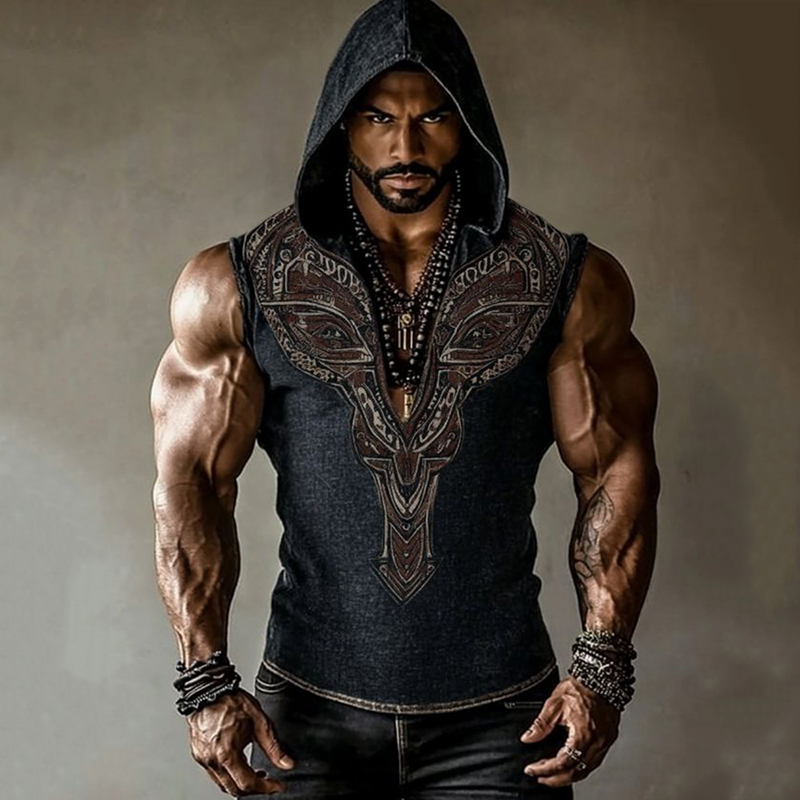 Men's African Ethnic Hooded Linen Tank Top