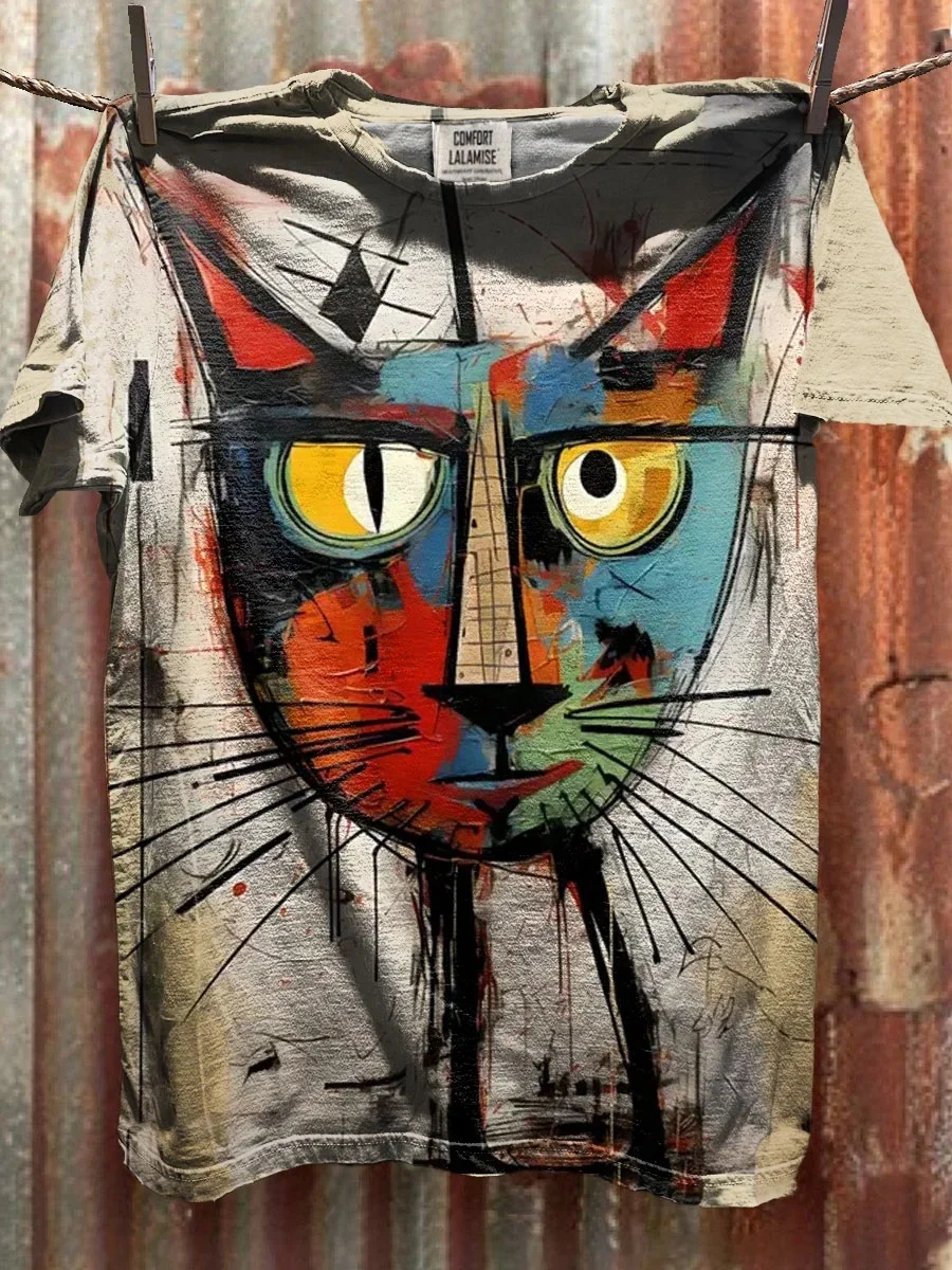Eagerlys  Abstrct Cat Face Art Print T-shirt Eagerlys