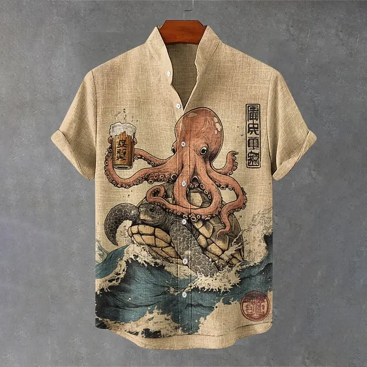 Men's The Octopus Riding A Turtle And Drinking Beer Print Short Sleeve Shirt