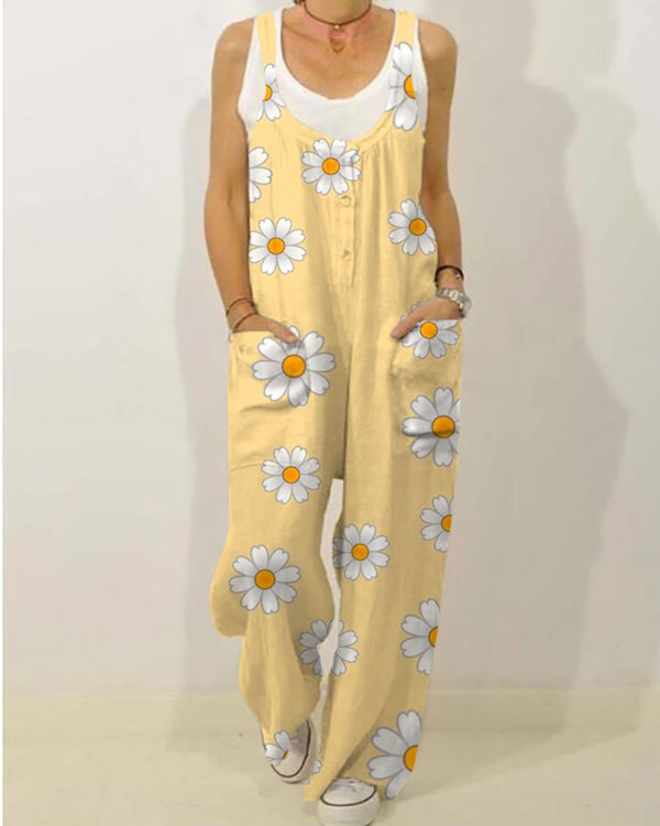 Yellow Daisy Floral Pocket Casual Comfort Jumpsuit