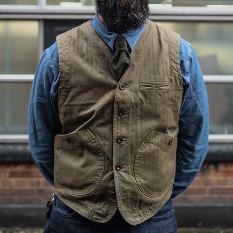 Men's Olive Green Herringbone Single Breasted Sleeveless Vest