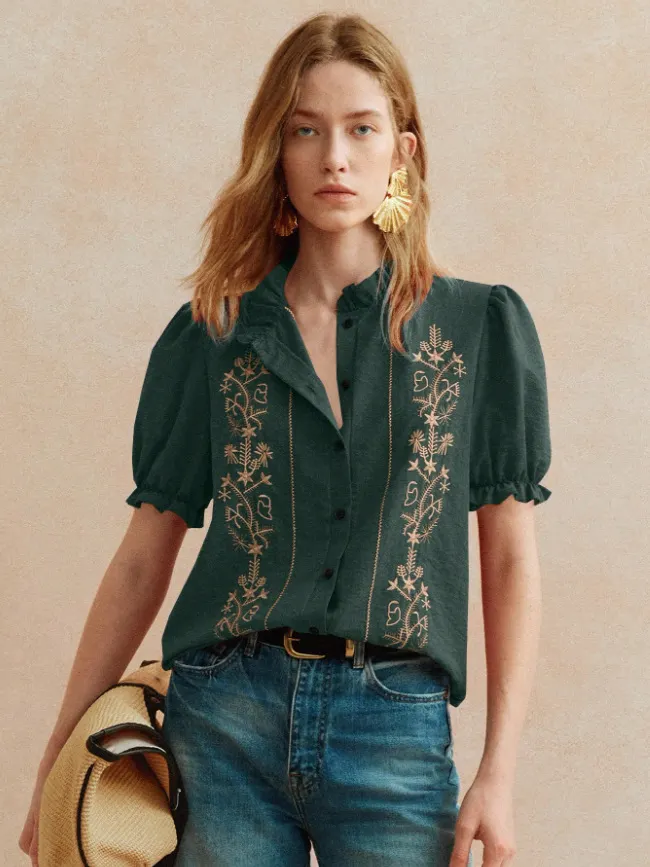 Floral Embroidered Ruffle Collar Puff Short Sleeve Blouse