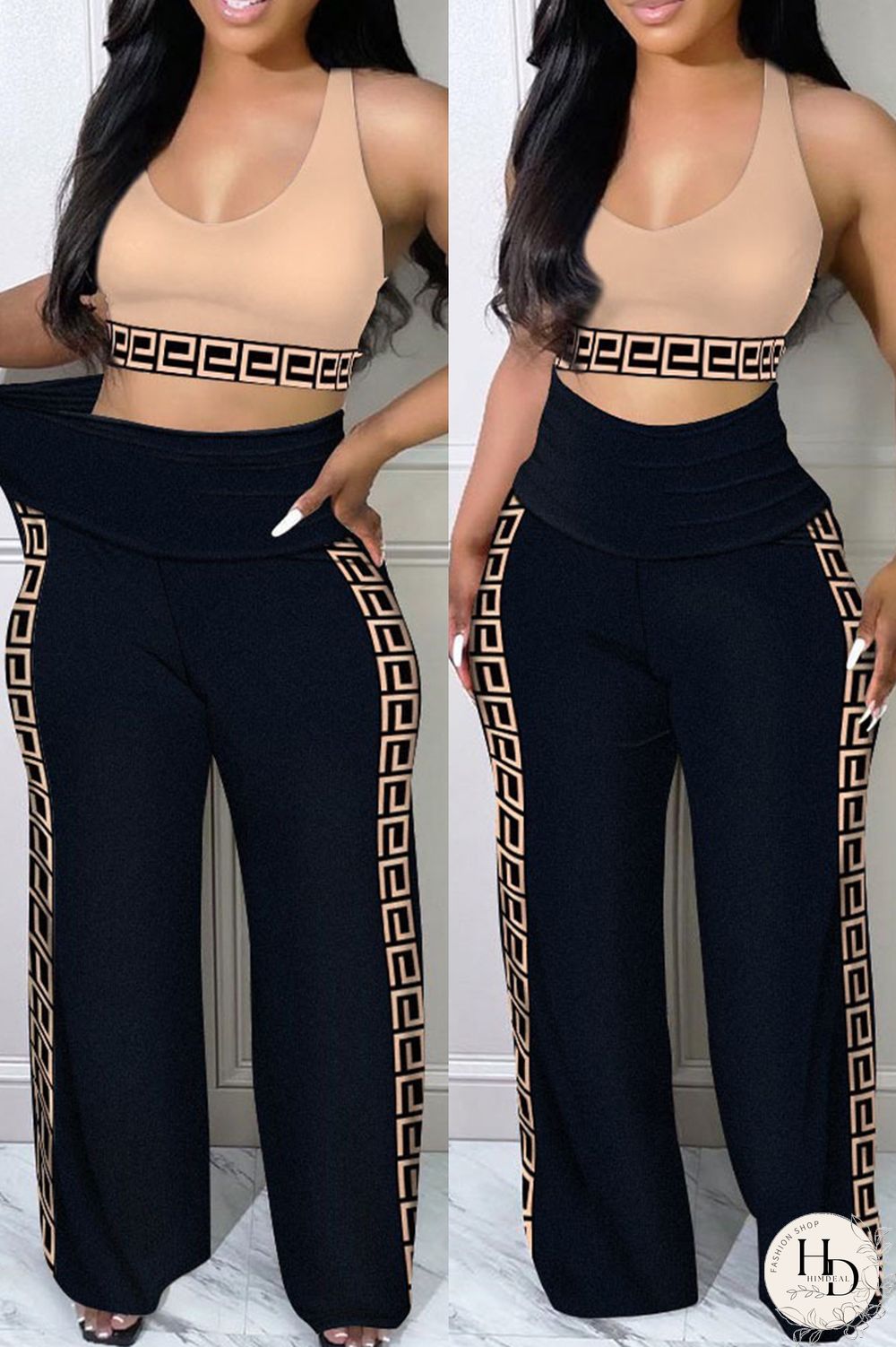 Black Sexy Casual Print Patchwork U Neck Sleeveless Two Pieces