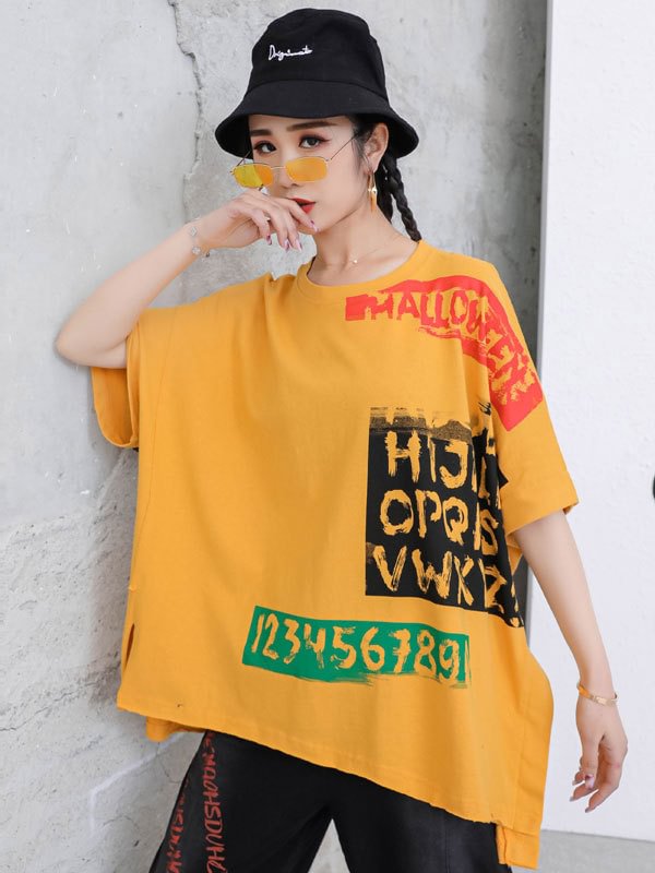 Original Letter Print Batwing Sleeves T-Shirts Tops