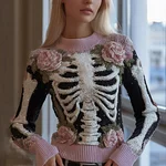 Halloween Skeleton And Plant Flower Pattern Combined Design Women's Knitted Sweater - Image 2