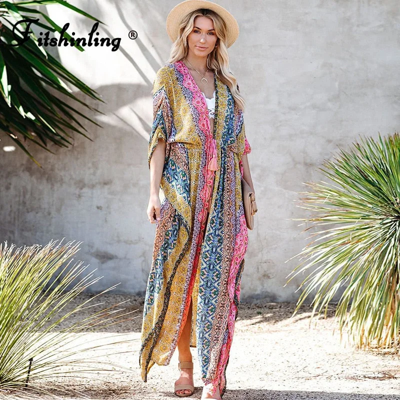 Fitshinling Oversize Beach Kimono Swimwear Split Bohemian Cotton Vintage Print Summer Long Cardigan Hoiday Sexy Bikini Cover Up