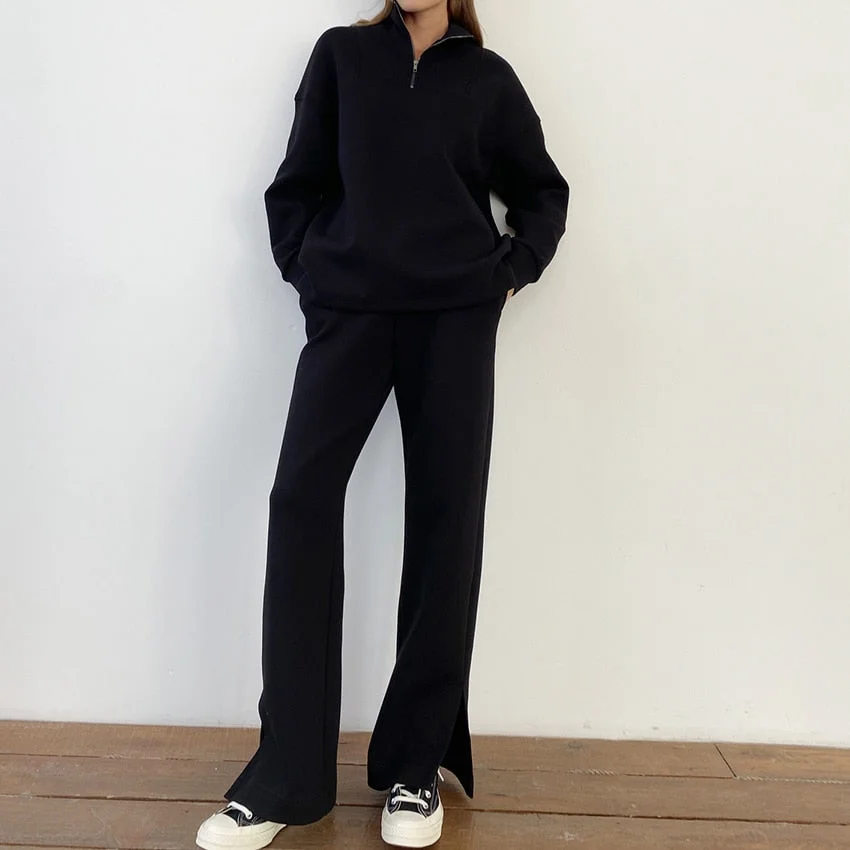 OOTN Sweatshirt Sets Pullover Stretch Stand Collar Zipper Knitted Suit Women Casual Split High Waist Straight Pants Outfit 2021